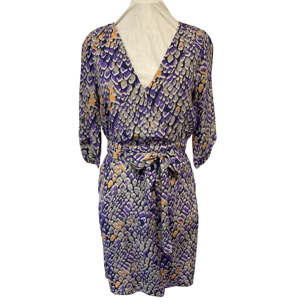 Presley Skye XS 100% Silk Abstract Print Wrap Dress W/ Belt Purple Peach & Grey